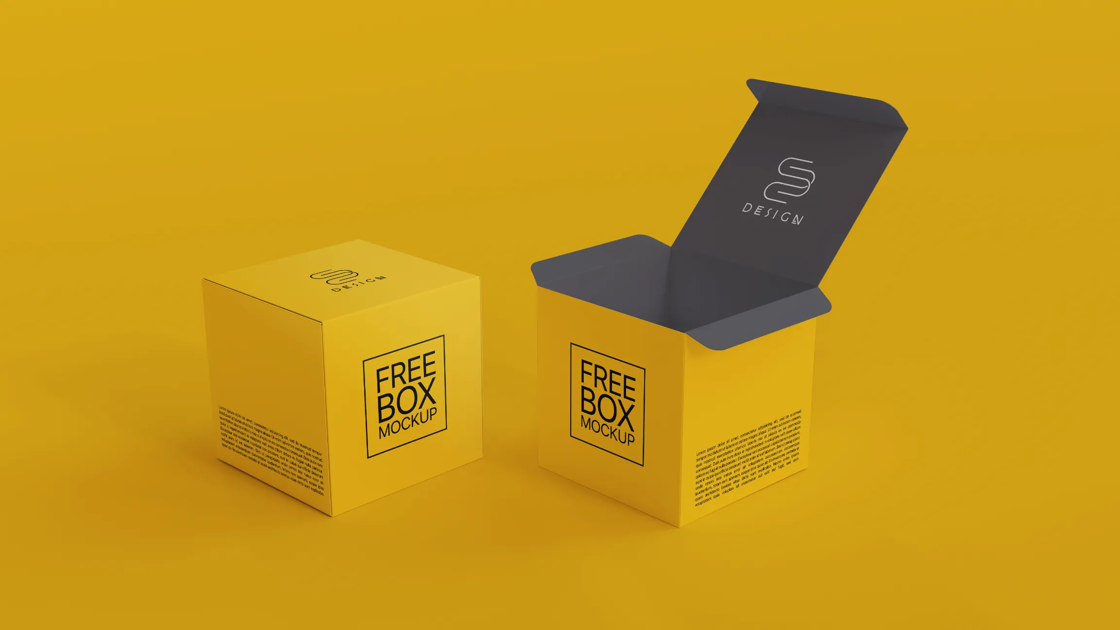 Vibrant yellow square product box mockup showing an open lid with a dark grey interior and a closed box beside it.